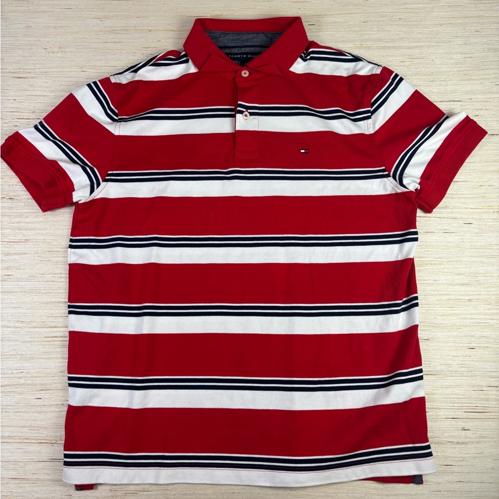 Tommy Hilfiger Red White Navy Striped Polo Shirt Size M Classic Fit